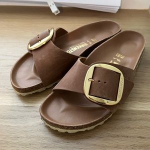 BIRKENSTOCK MADRID BIG BUCKLE OILED LEATHER SANDALS COGNAC, Almost new